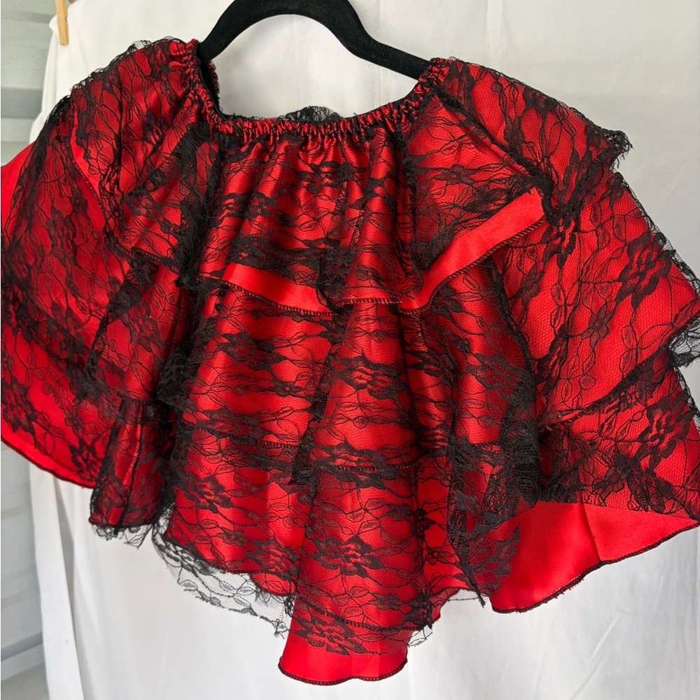 Red Mini Skirt with Black Lace Skirt Overlay